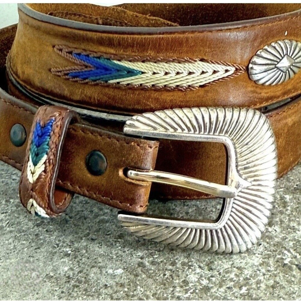 Tony Lama Brown Leather Western Belt Concho Embroidered Arrow 7699L Men 34